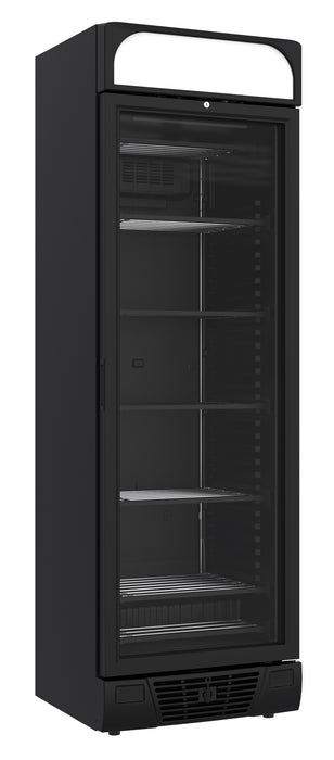 Tall black upright freezer with single glass door and LED illumination