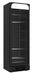 Tall black upright freezer with single glass door and LED illumination