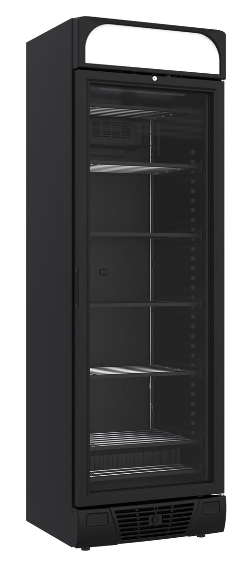 Tall black upright freezer with single glass door and LED illumination