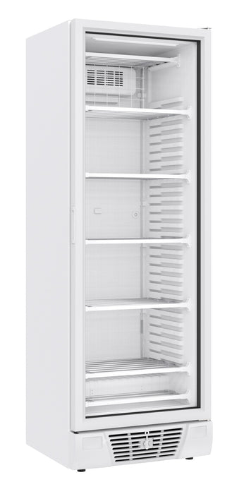 White single glass door upright freezer with LED lighting and five wire shelves