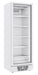 White single glass door upright freezer with LED lighting and five wire shelves