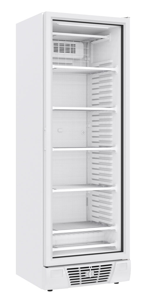 White single glass door upright freezer with LED lighting and five wire shelves