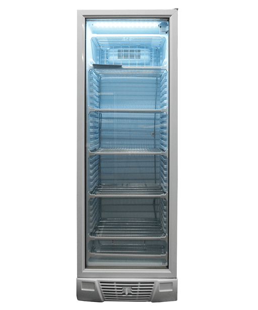 White single glass door upright freezer with LED lighting and five wire shelves view 2