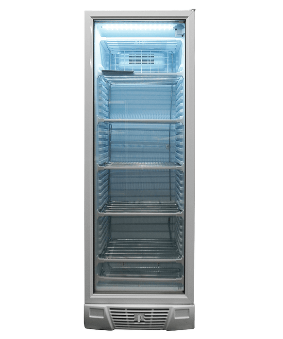 White single glass door upright freezer with LED lighting and five wire shelves view 2