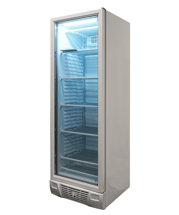 White single glass door upright freezer with LED lighting and five wire shelves view 4