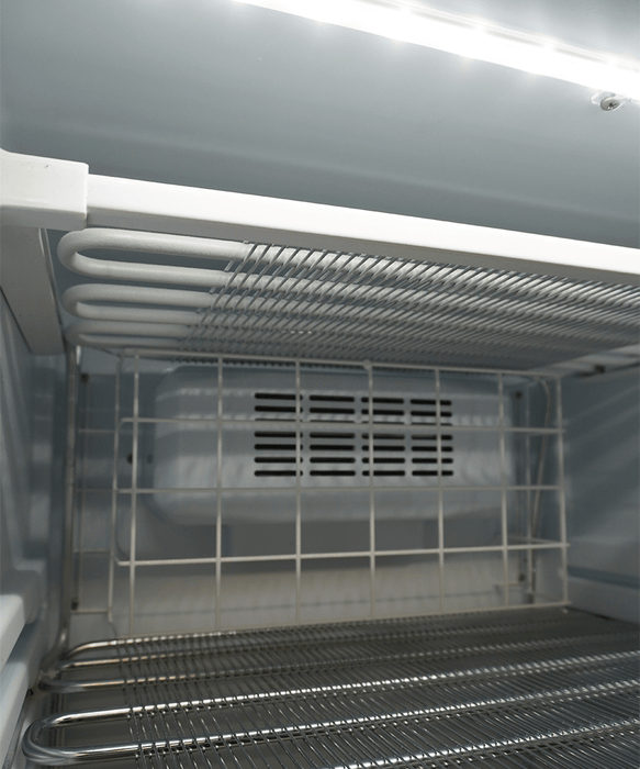White single glass door upright freezer with LED lighting and five wire shelves view 6