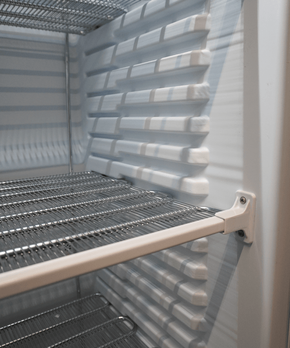 White single glass door upright freezer with LED lighting and five wire shelves view 7