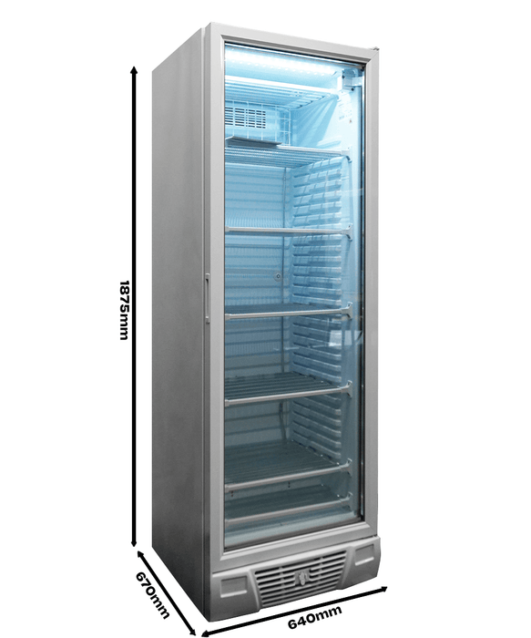 White single glass door upright freezer with LED lighting and five wire shelves view 3