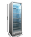 White single glass door upright freezer with LED lighting and five wire shelves view 3