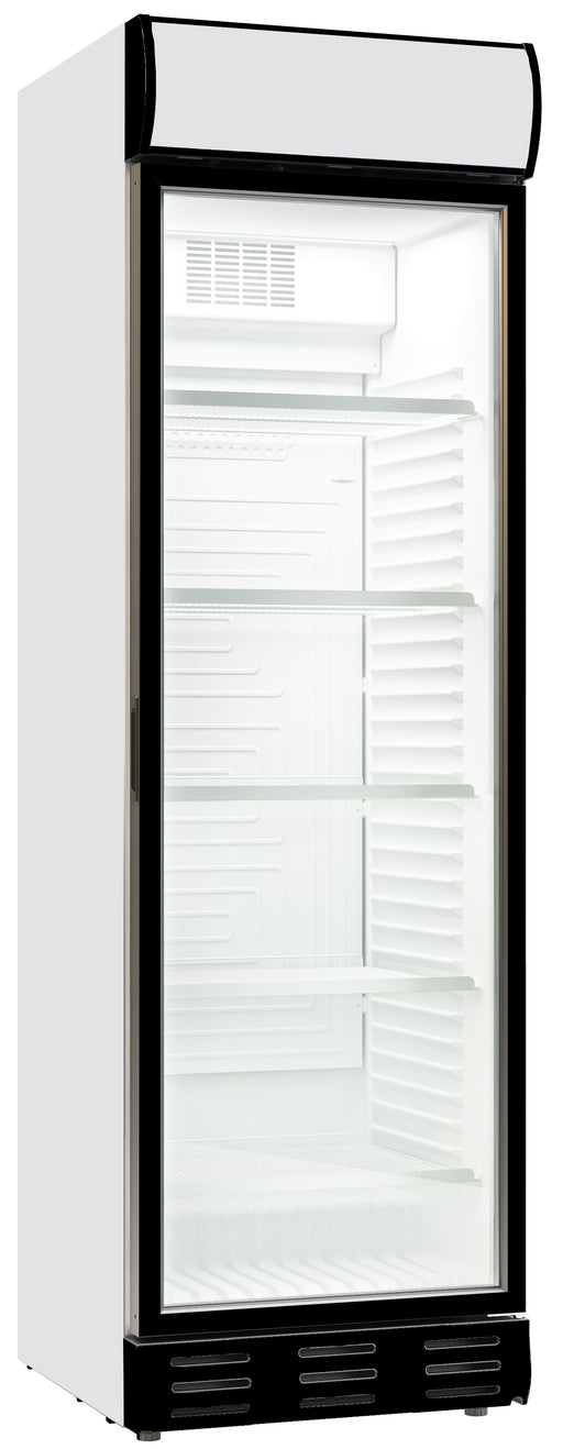 White upright glass door display refrigerator with LED lighting and left-opening door