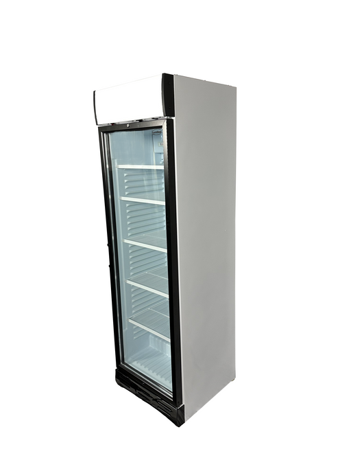 White upright glass door display refrigerator with LED lighting and left-opening door view 2