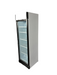 White upright glass door display refrigerator with LED lighting and left-opening door view 2