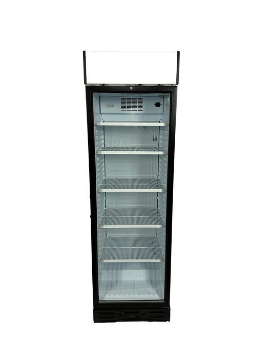 White upright glass door display refrigerator with LED lighting and left-opening door view 3