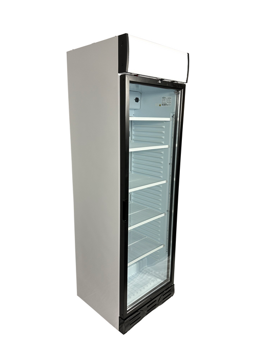 White upright glass door display refrigerator with LED lighting and left-opening door view 4