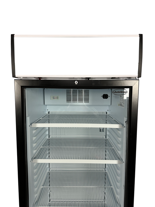 White upright glass door display refrigerator with LED lighting and left-opening door view 5