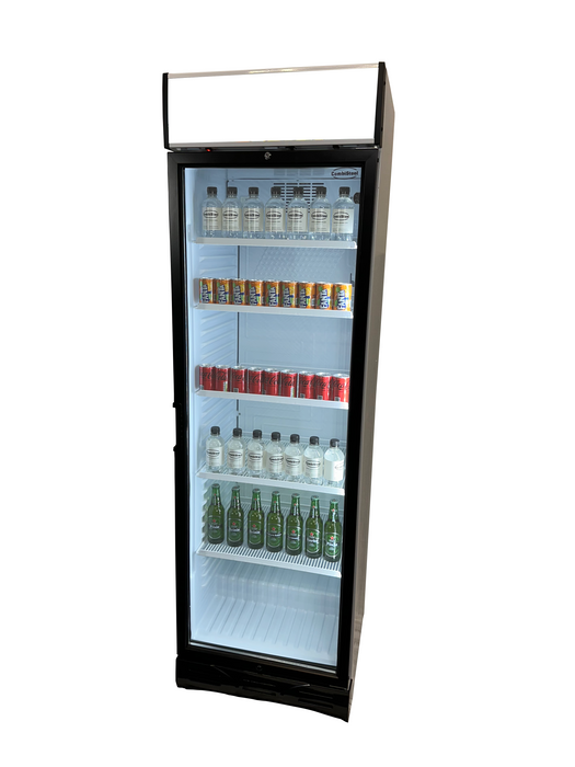 White upright glass door display refrigerator with LED lighting and left-opening door view 6