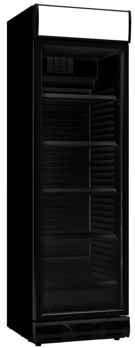 Tall black glass door display fridge with internal lighting and five shelves