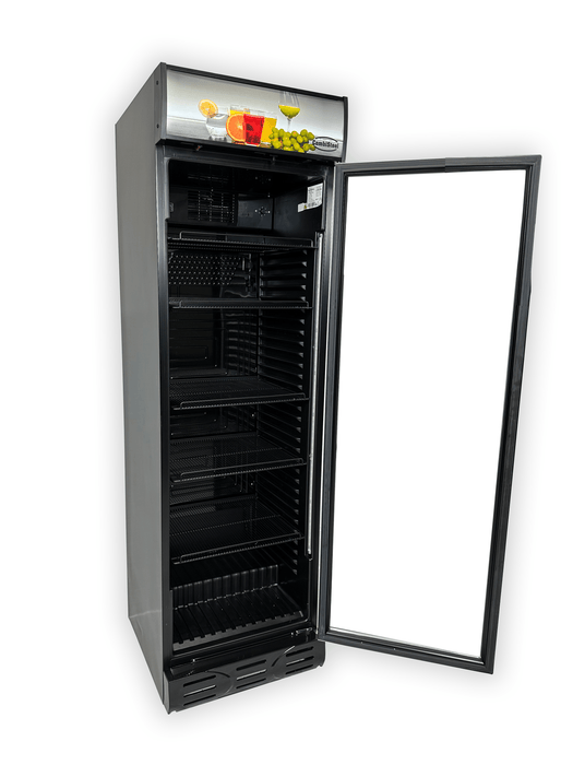 Tall black glass door display fridge with internal lighting and five shelves view 5