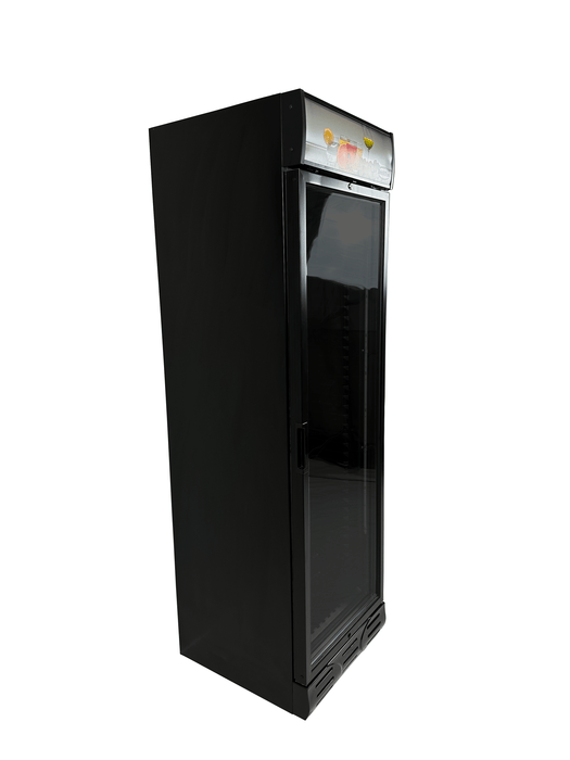 Tall black glass door display fridge with internal lighting and five shelves view 4