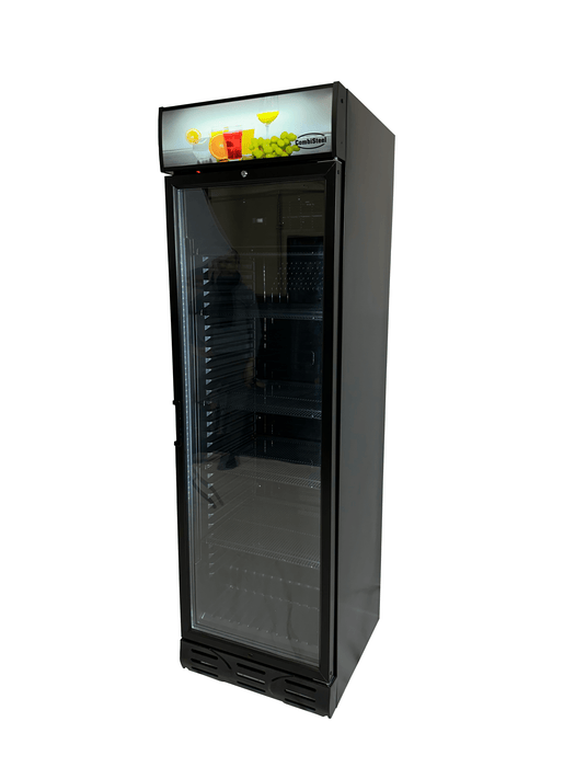 Tall black glass door display fridge with internal lighting and five shelves view 3