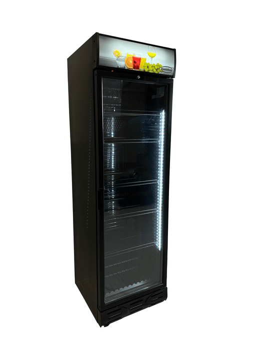 Tall black glass door display fridge with internal lighting and five shelves view 2