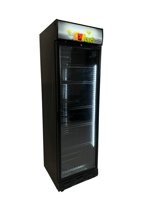 Tall black glass door display fridge with internal lighting and five shelves view 2