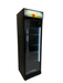 Tall black glass door display fridge with internal lighting and five shelves view 2