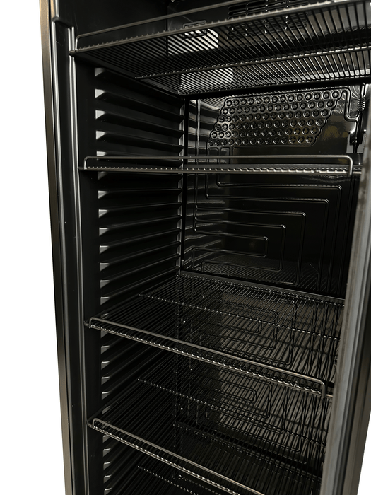 Tall black glass door display fridge with internal lighting and five shelves view 6
