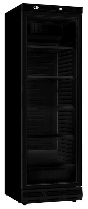 Black upright single glass door display refrigerator with bottle display inside