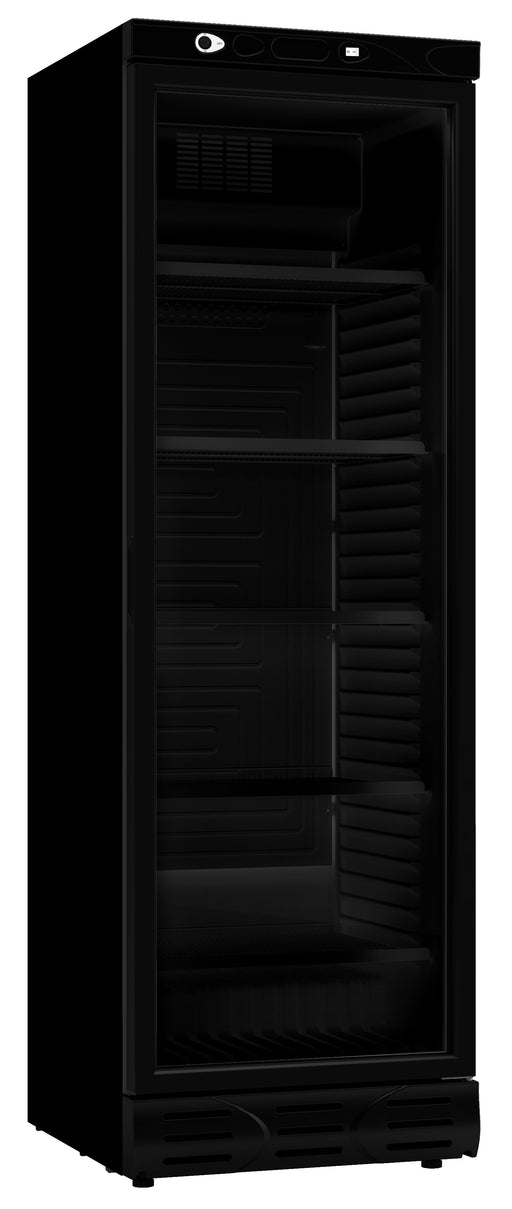Black upright single glass door display refrigerator with bottle display inside
