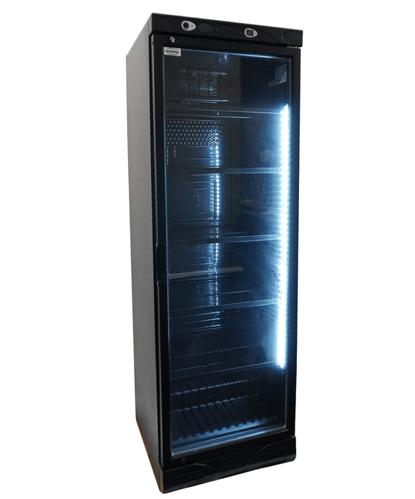 Black upright single glass door display refrigerator with bottle display inside view 6