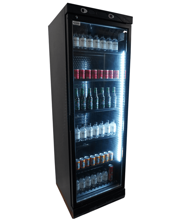 Black upright single glass door display refrigerator with bottle display inside view 5