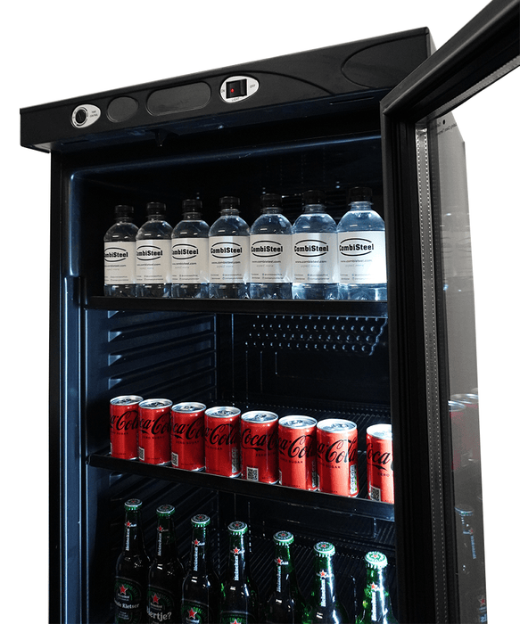 Black upright single glass door display refrigerator with bottle display inside view 7