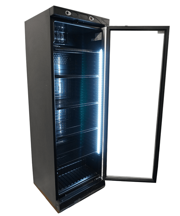 Black upright single glass door display refrigerator with bottle display inside view 3