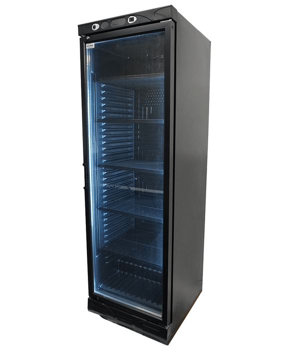 Black upright single glass door display refrigerator with bottle display inside view 2
