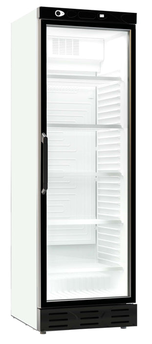 White Combisteel single glass door upright display refrigerator with internal shelving