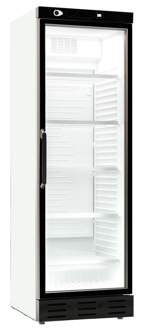 White Combisteel single glass door upright display refrigerator with internal shelving