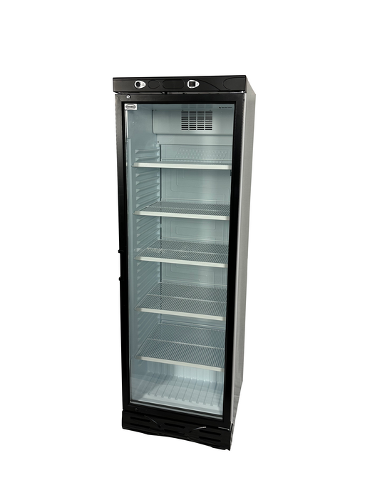 White Combisteel single glass door upright display refrigerator with internal shelving view 2