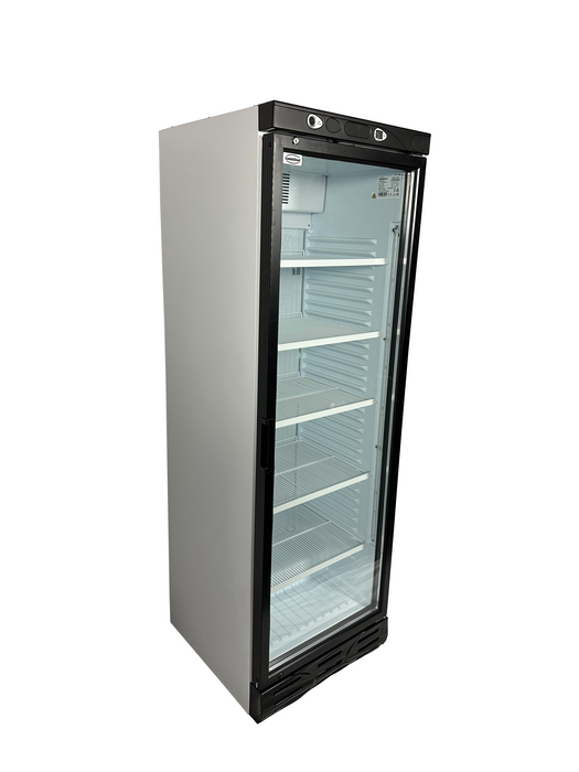 White Combisteel single glass door upright display refrigerator with internal shelving view 3