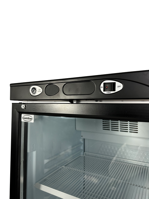 White Combisteel single glass door upright display refrigerator with internal shelving view 5