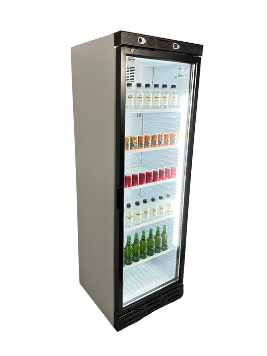 White Combisteel single glass door upright display refrigerator with internal shelving view 4