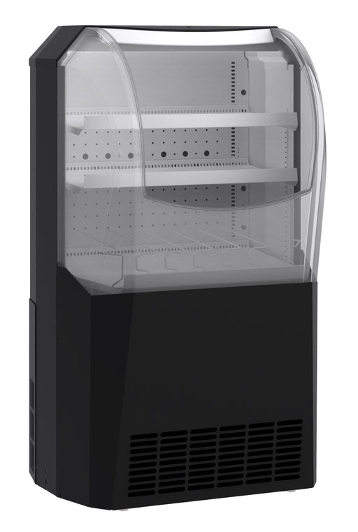 Black freestanding impulse cooler with glass door and LED interior lighting, holds 77 bottles