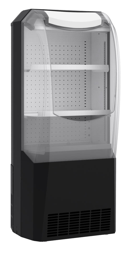 Black freestanding impulse cooler with curved glass door and LED lighting, 655mm wide