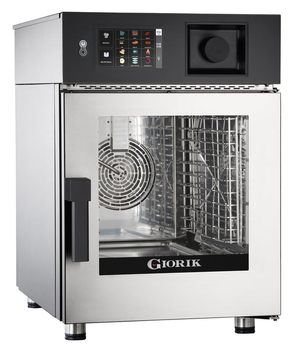 Stainless steel electric combi steamer oven with right-hinged door and touch screen control panel