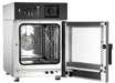 Stainless steel electric combi steamer oven with right-hinged door and touch screen control panel view 2