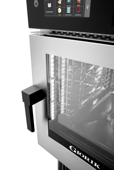 Stainless steel electric combi steamer oven with right-hinged door and touch screen control panel view 4