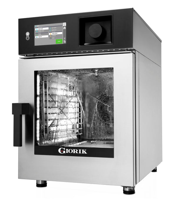 Stainless steel electric combi steamer oven with right-hinged door and touch screen control panel view 5
