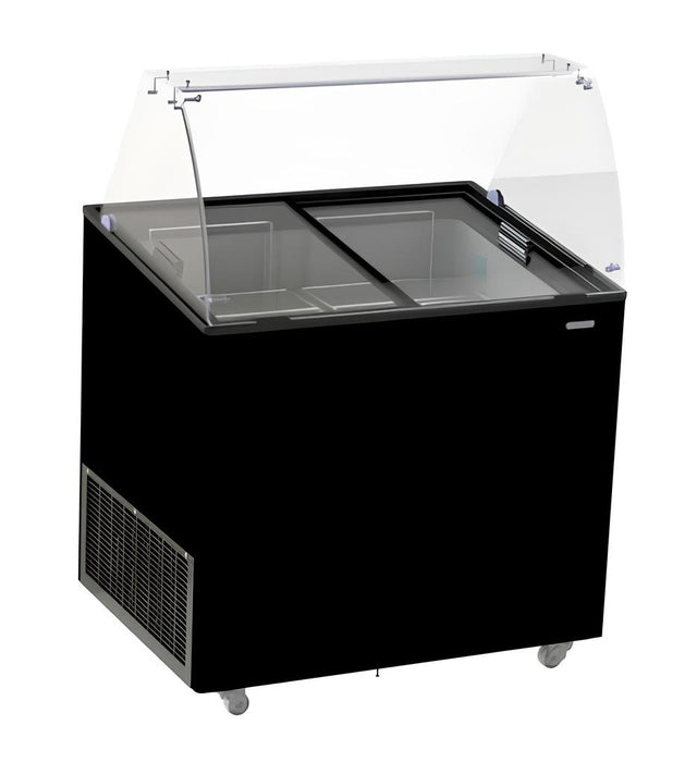 Black chest freezer with lift-up lid for ice cream display, 909mm wide