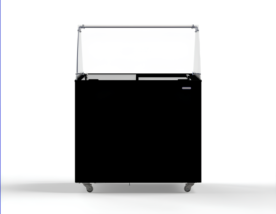 Black chest freezer with lift-up lid for ice cream display, 909mm wide view 2