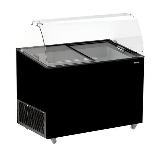 Black chest freezer with flat lid for ice cream storage, 1184mm wide